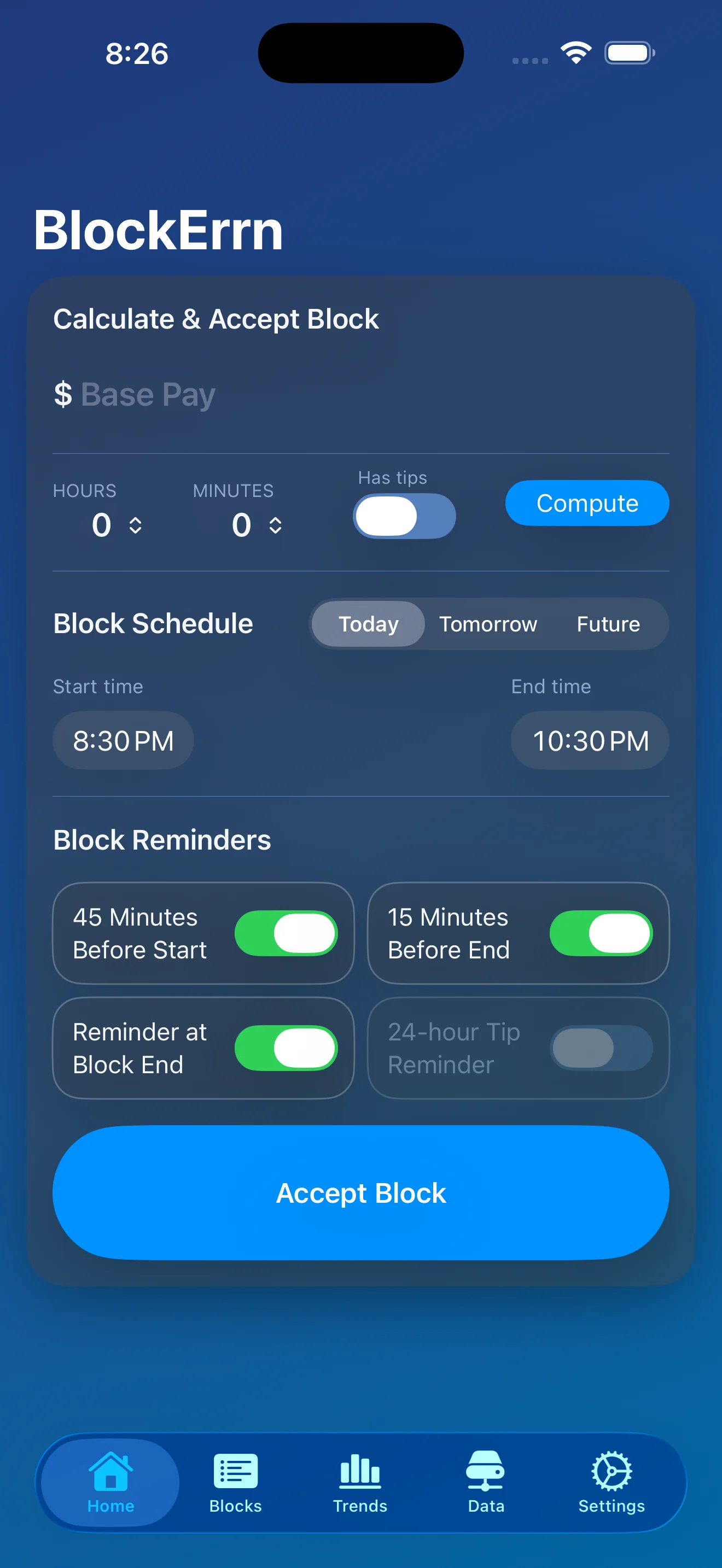 BlockErrn calculate and accept block screen